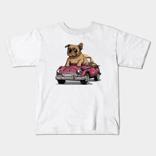 Bulldog Riding Open Roof Car Kids T-Shirt
